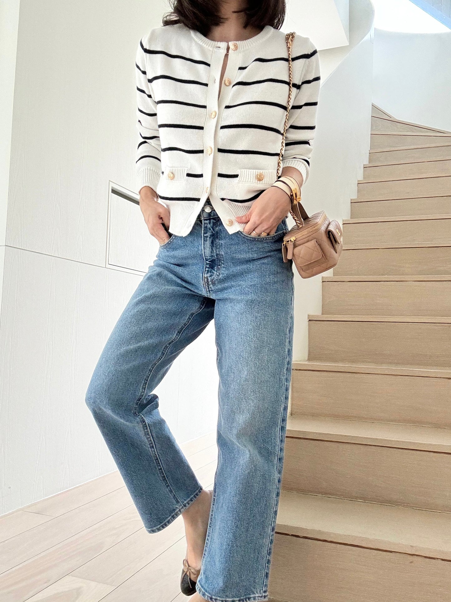 Sold Out-Cotton Cashmere Stripe Cardigan- Milk/ Dark Navy