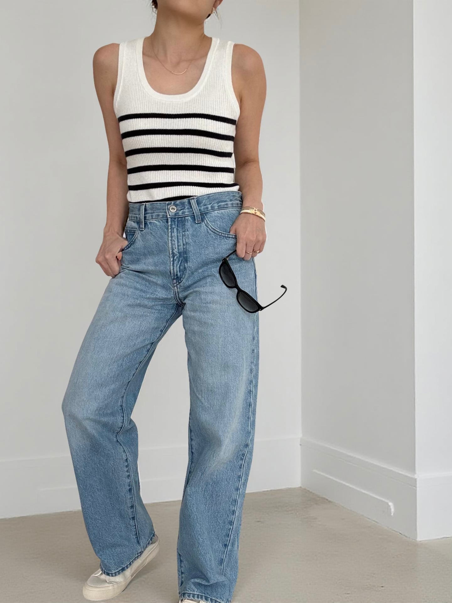 Cotton Cashmere Ribbed Tank - Nautical