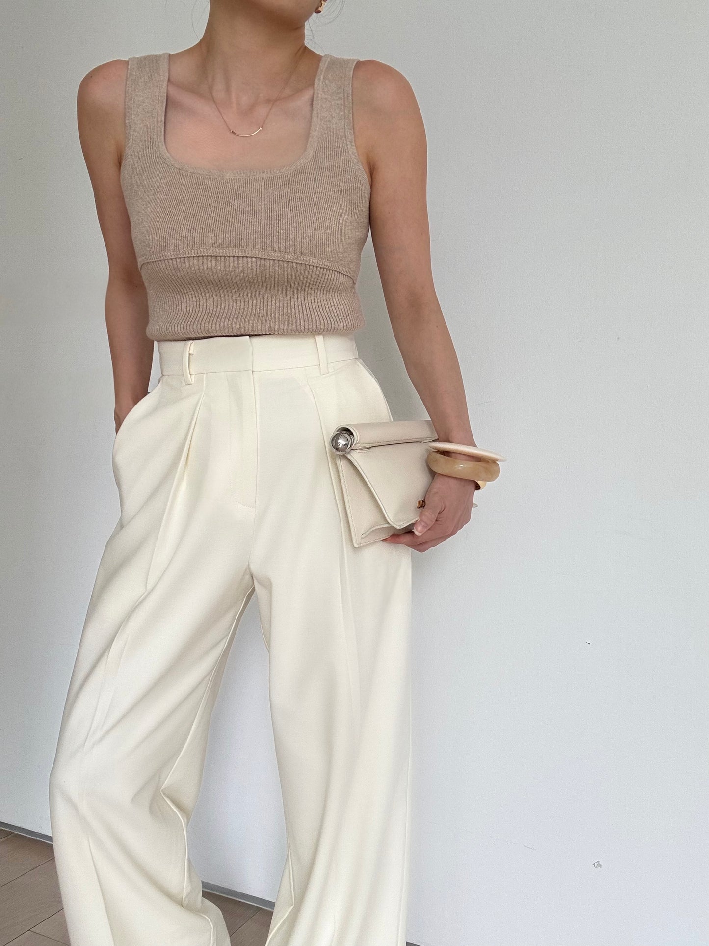 Cotton cashmere square neck knit- Truffle melange