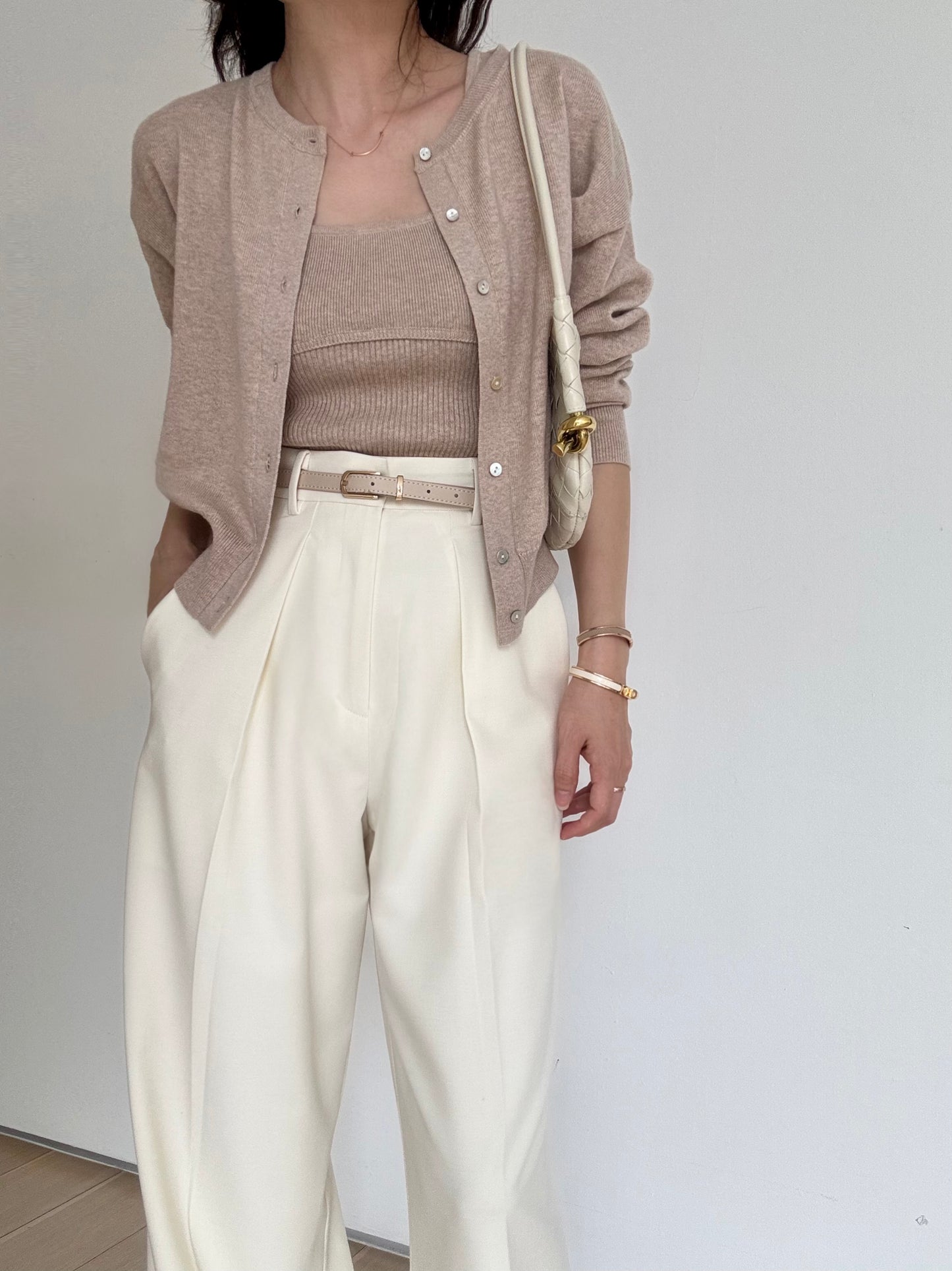 Cotton cashmere square neck knit- Truffle melange