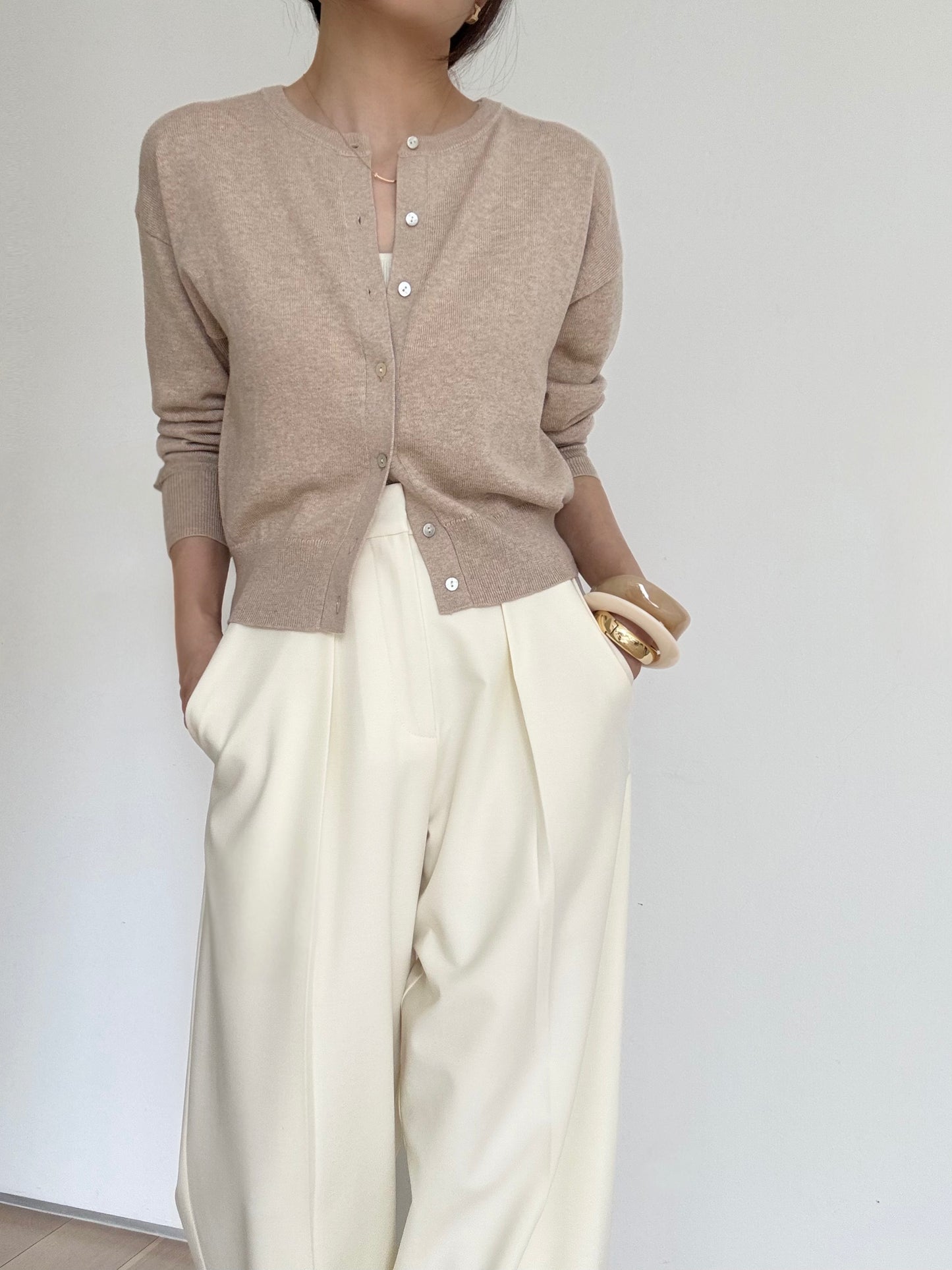 Cotton Cashmere Drop Shoulder Cardigan- Truffle Melange