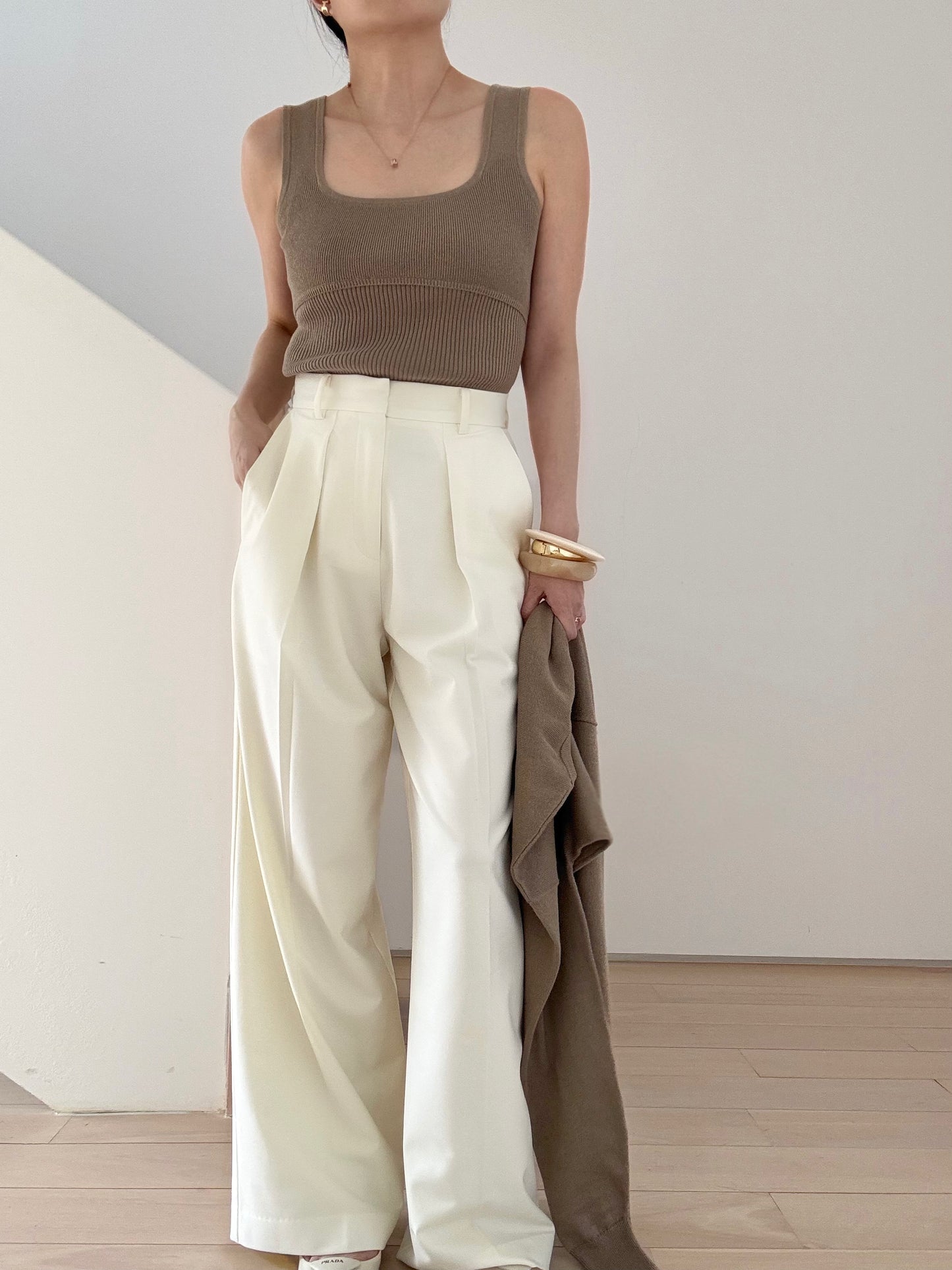 Cotton cashmere square neck knit- Forest