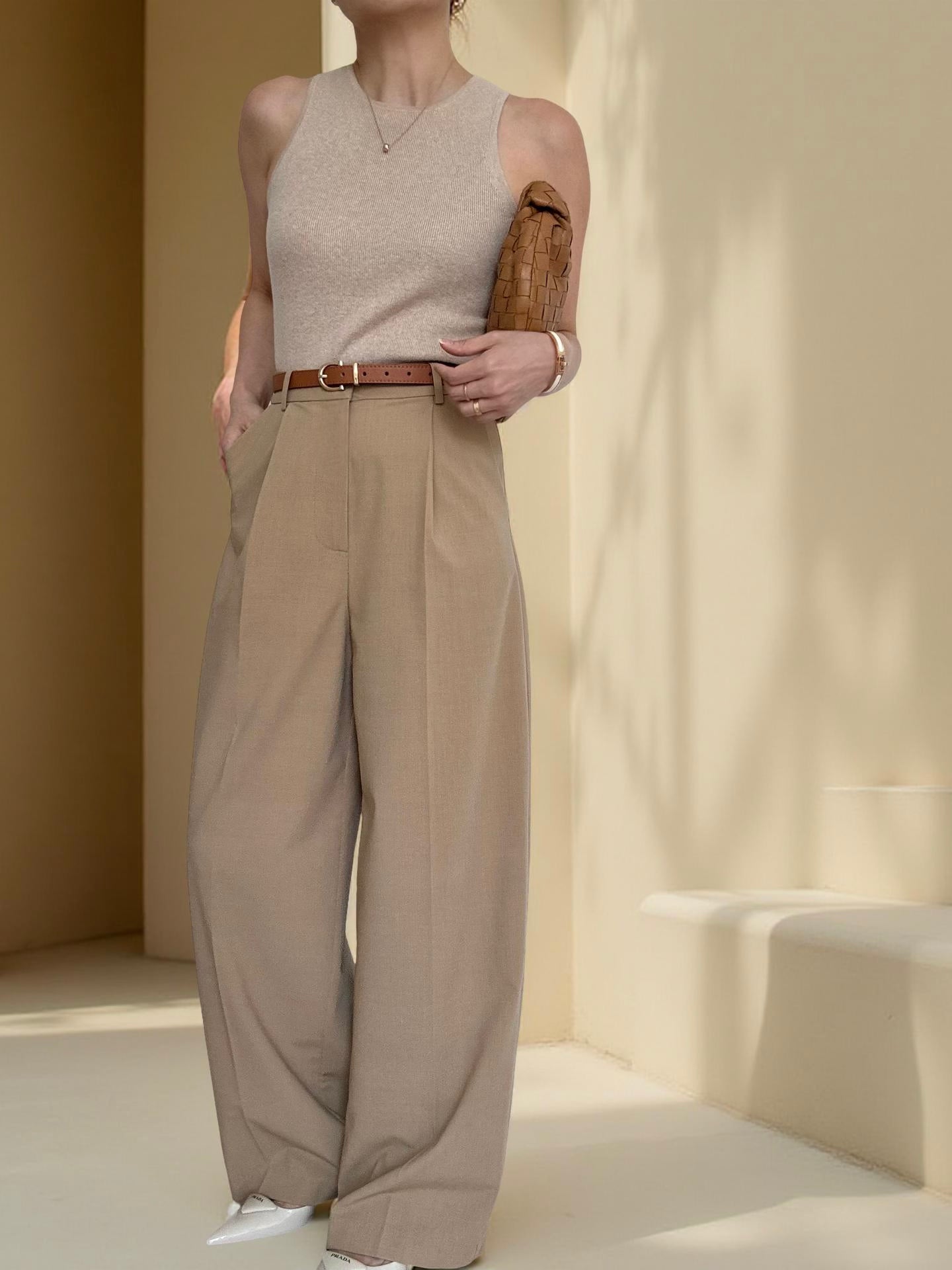 City Sleek Tailored Trousers (belts included)-Camel