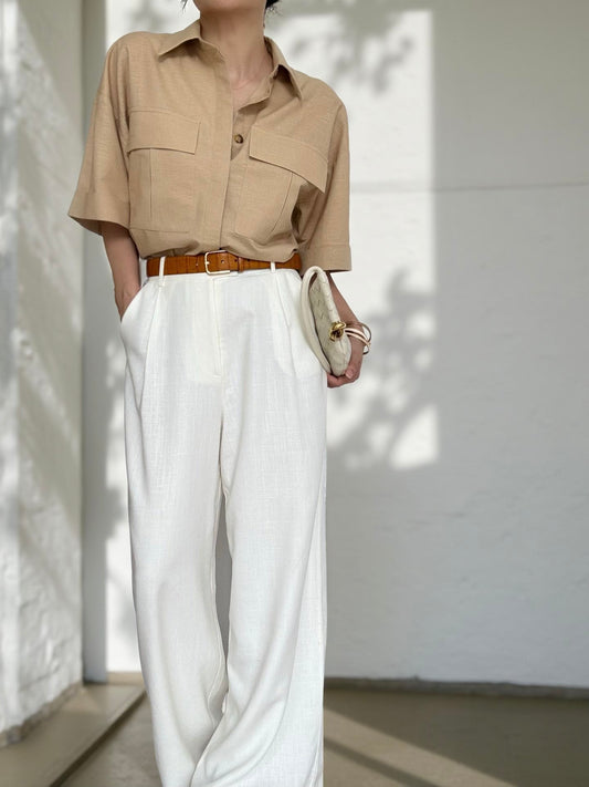 Cotton Linen Front Pocket Shirt-Desert