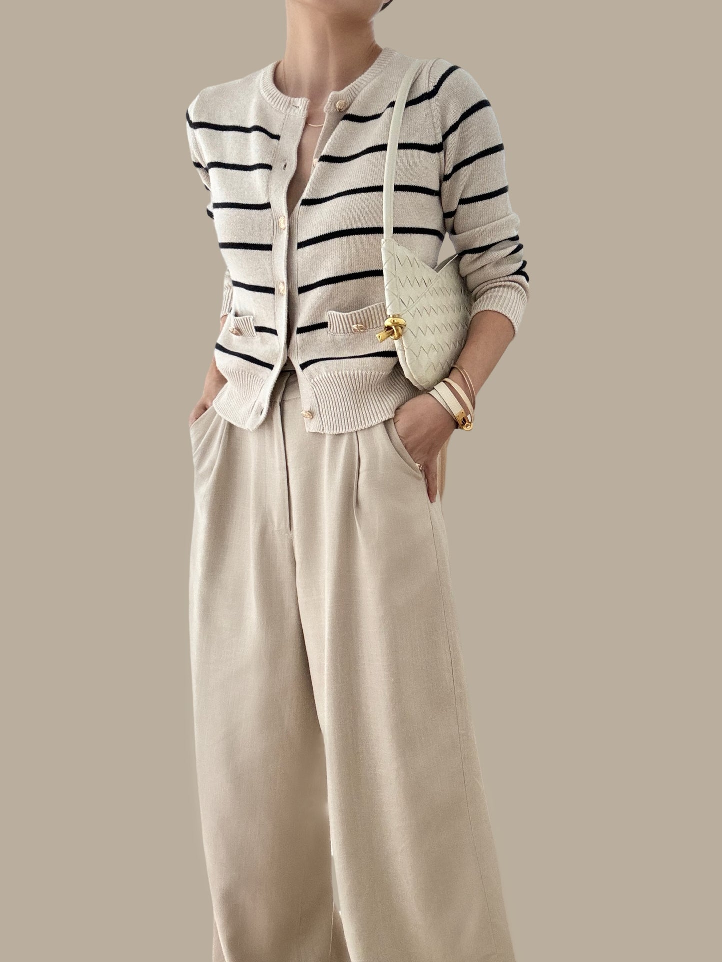 Sold Out- Cotton Cashmere Stripe Cardigan- Sand/Dark Navy