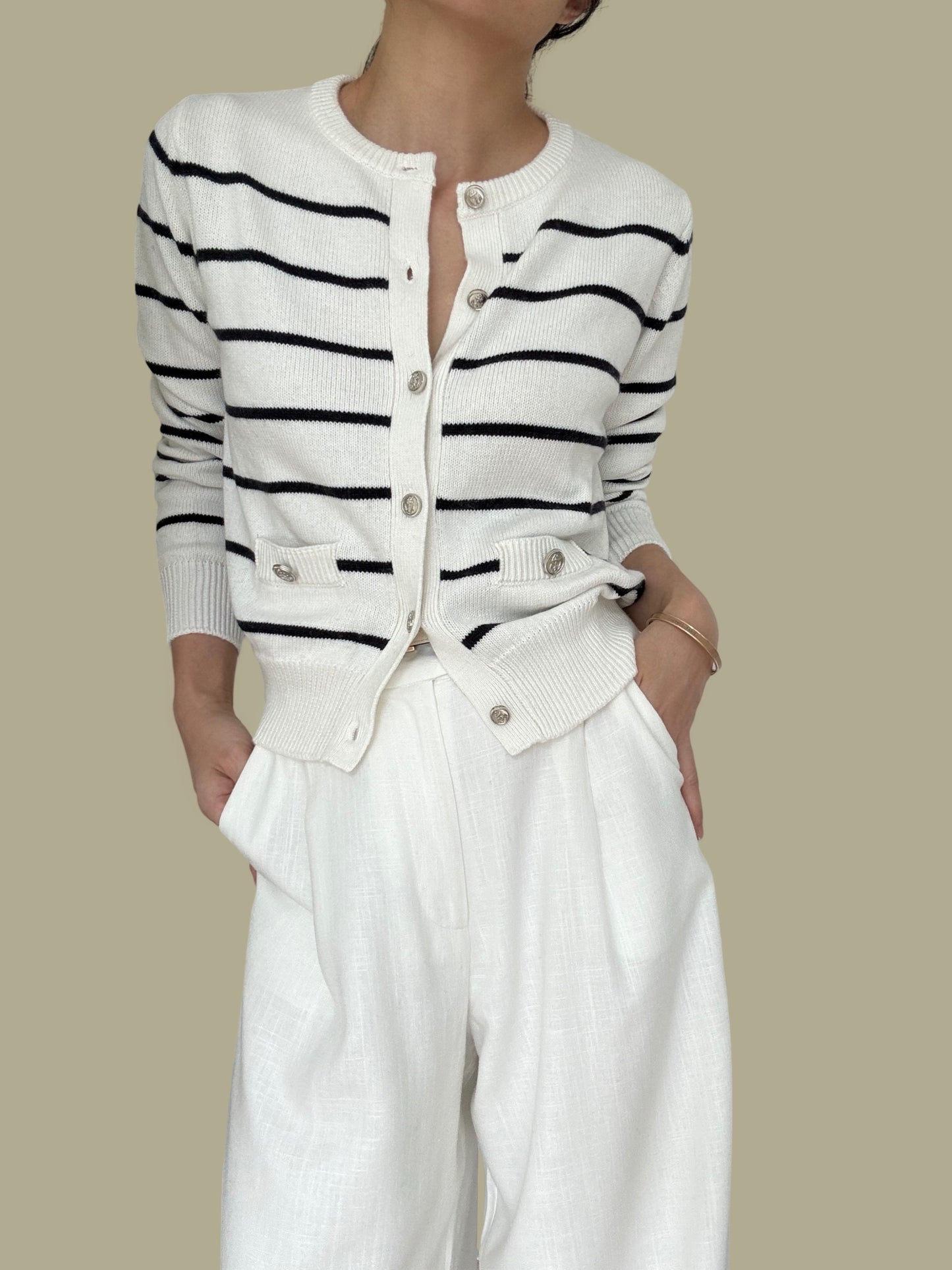 Sold Out-Cotton Cashmere Stripe Cardigan- Milk/ Dark Navy