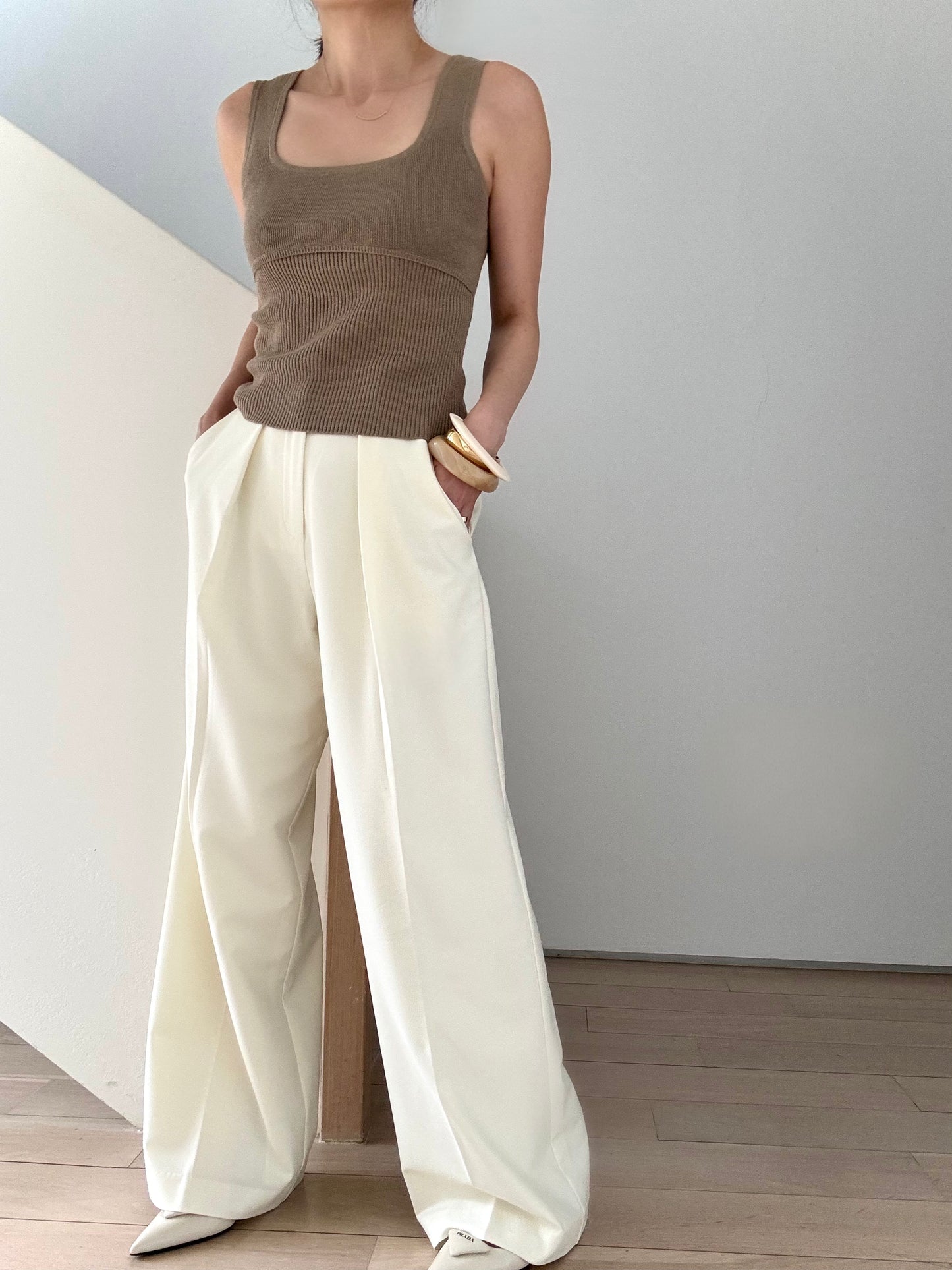 Cotton cashmere square neck knit- Forest