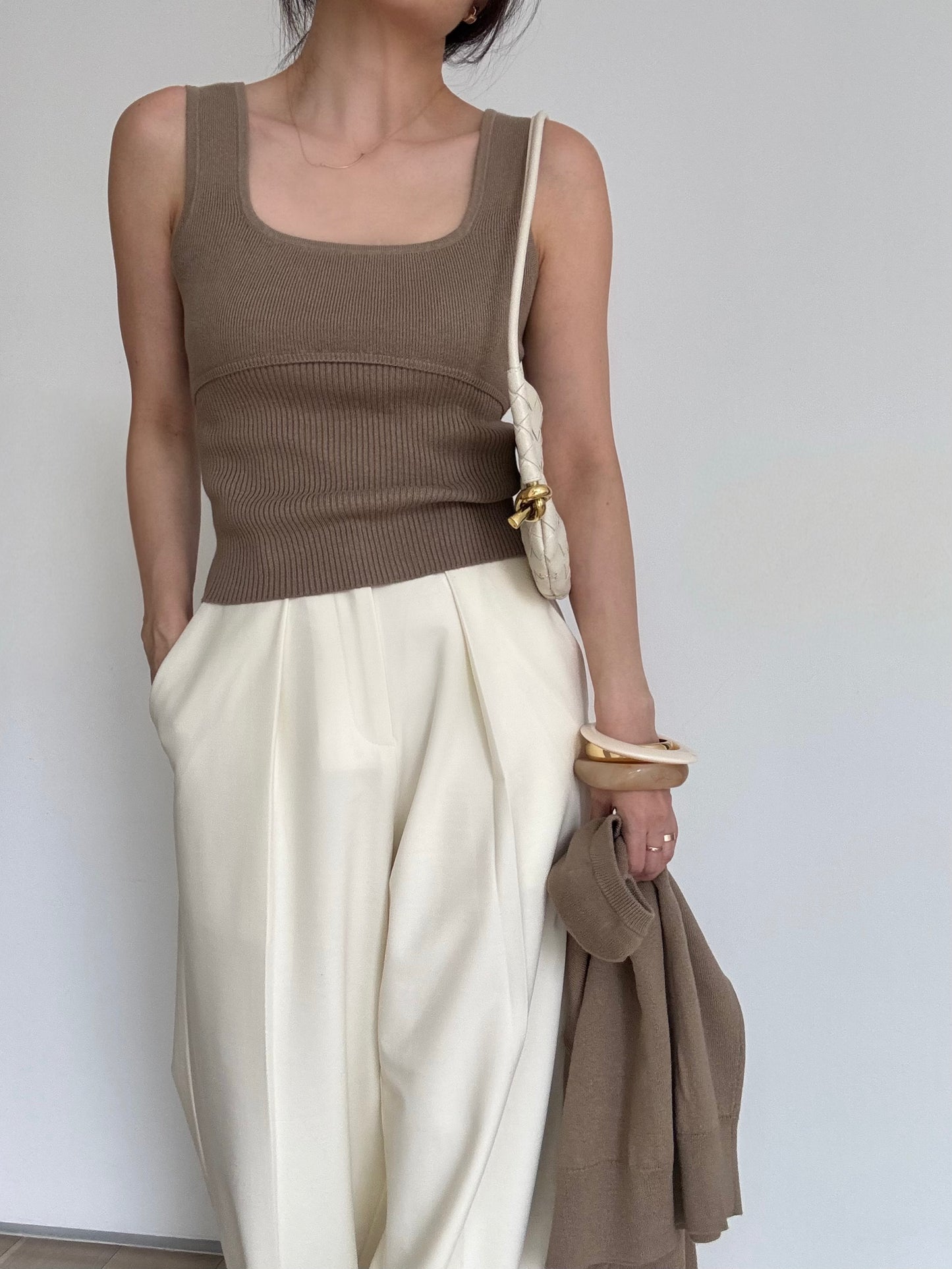 Cotton cashmere square neck knit- Forest