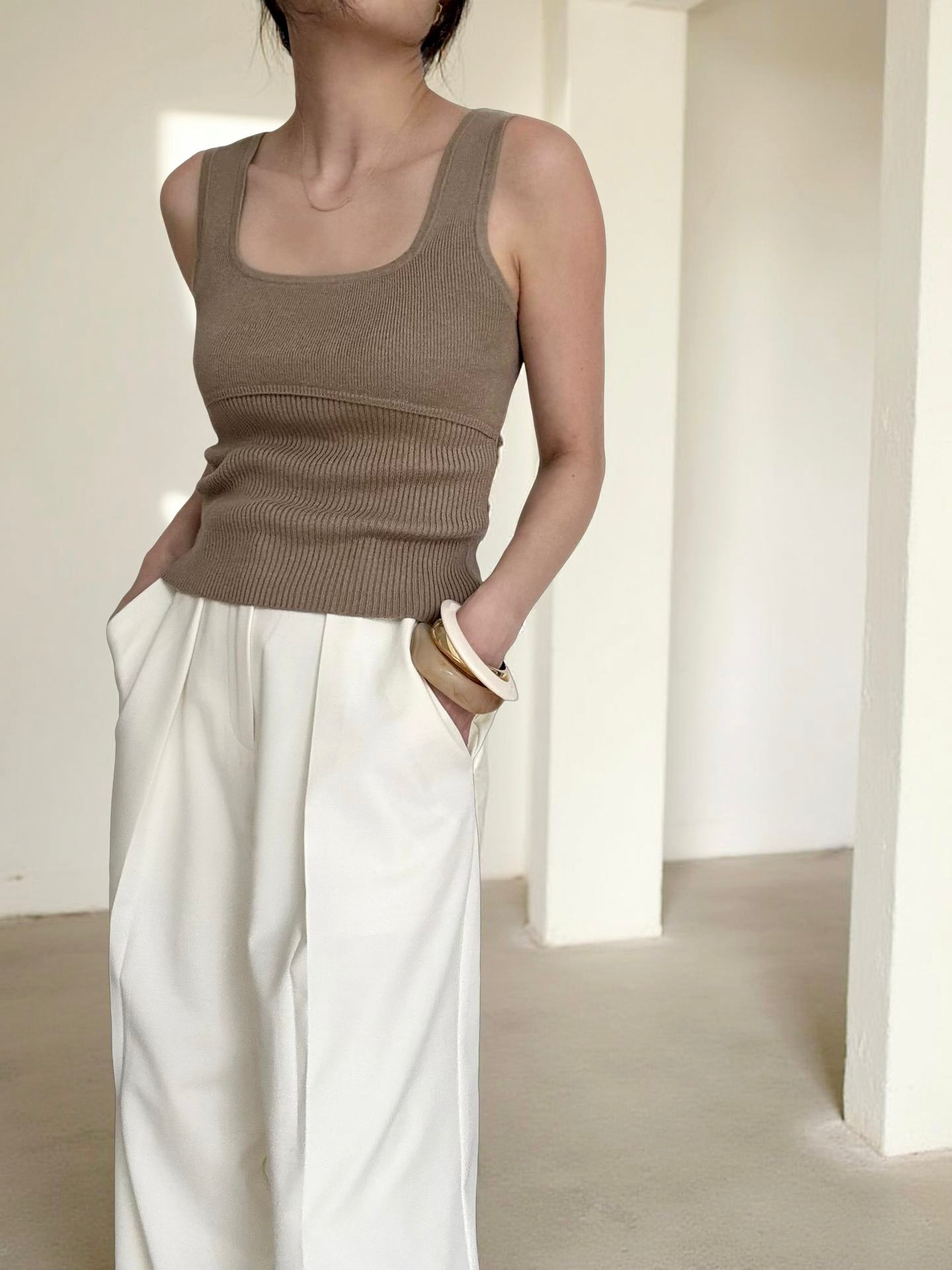 Cotton cashmere square neck knit- Forest