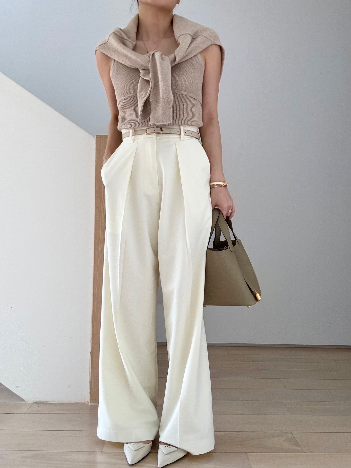 Cotton cashmere square neck knit- Truffle melange