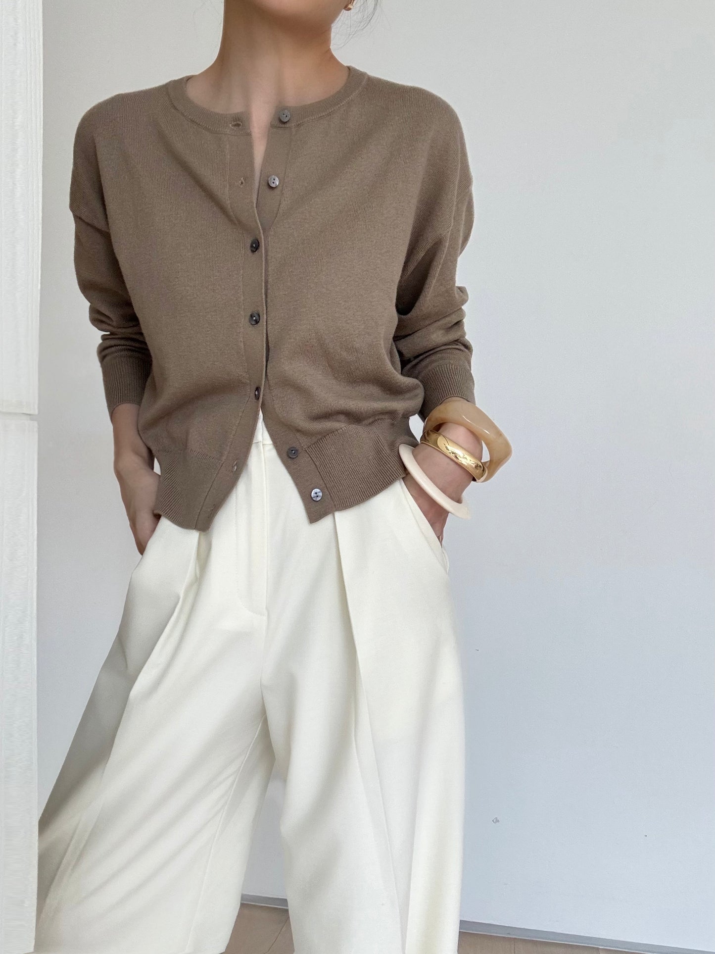 Cotton Cashmere Drop Shoulder Cardigan- Forest