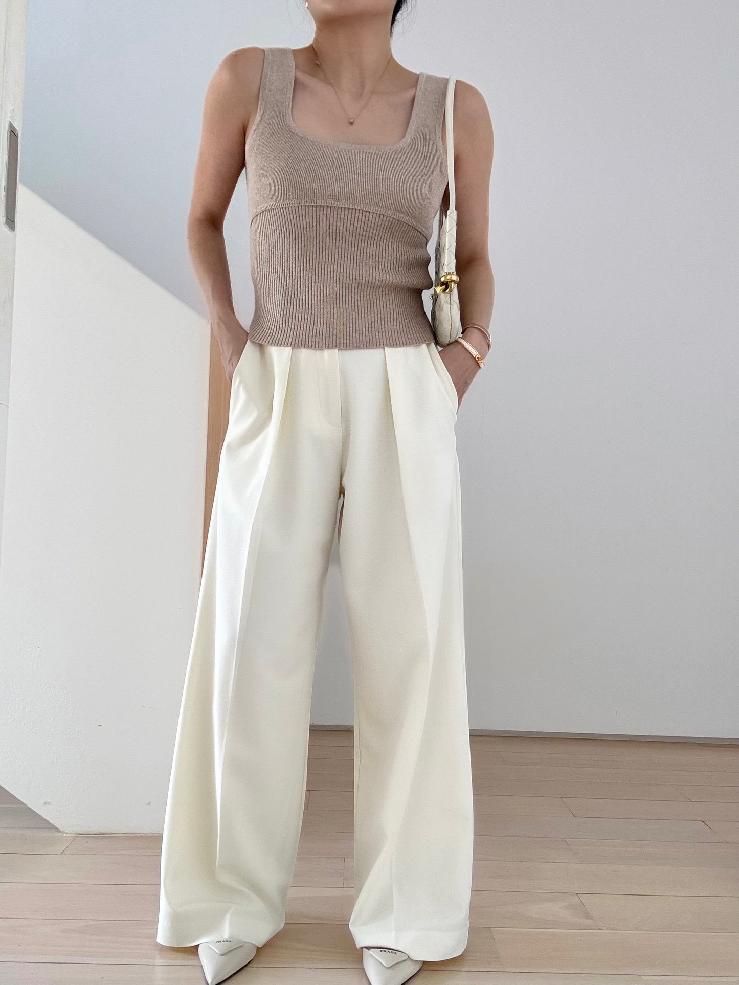 Cotton cashmere square neck knit- Truffle melange