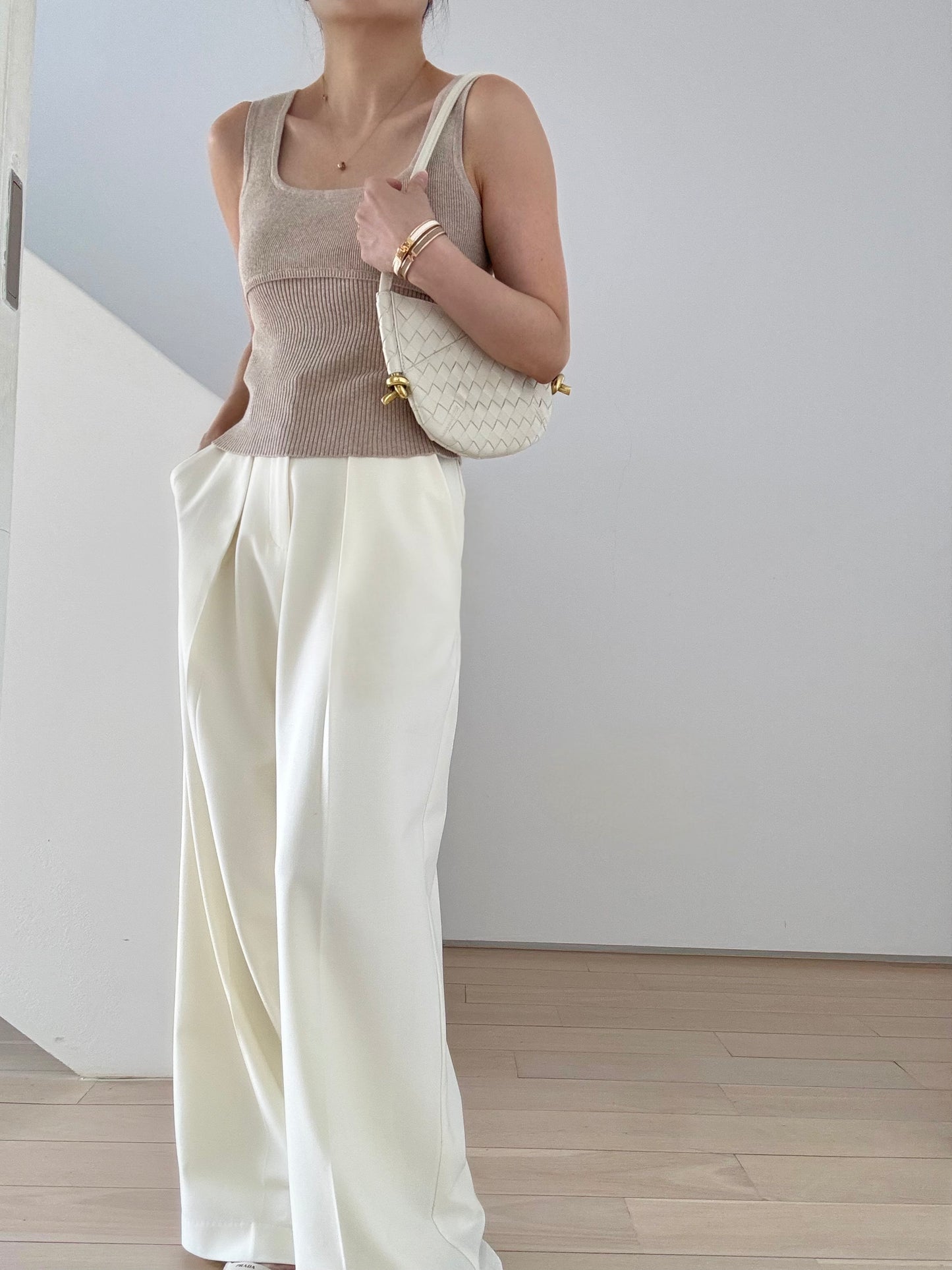 Cotton cashmere square neck knit- Truffle melange