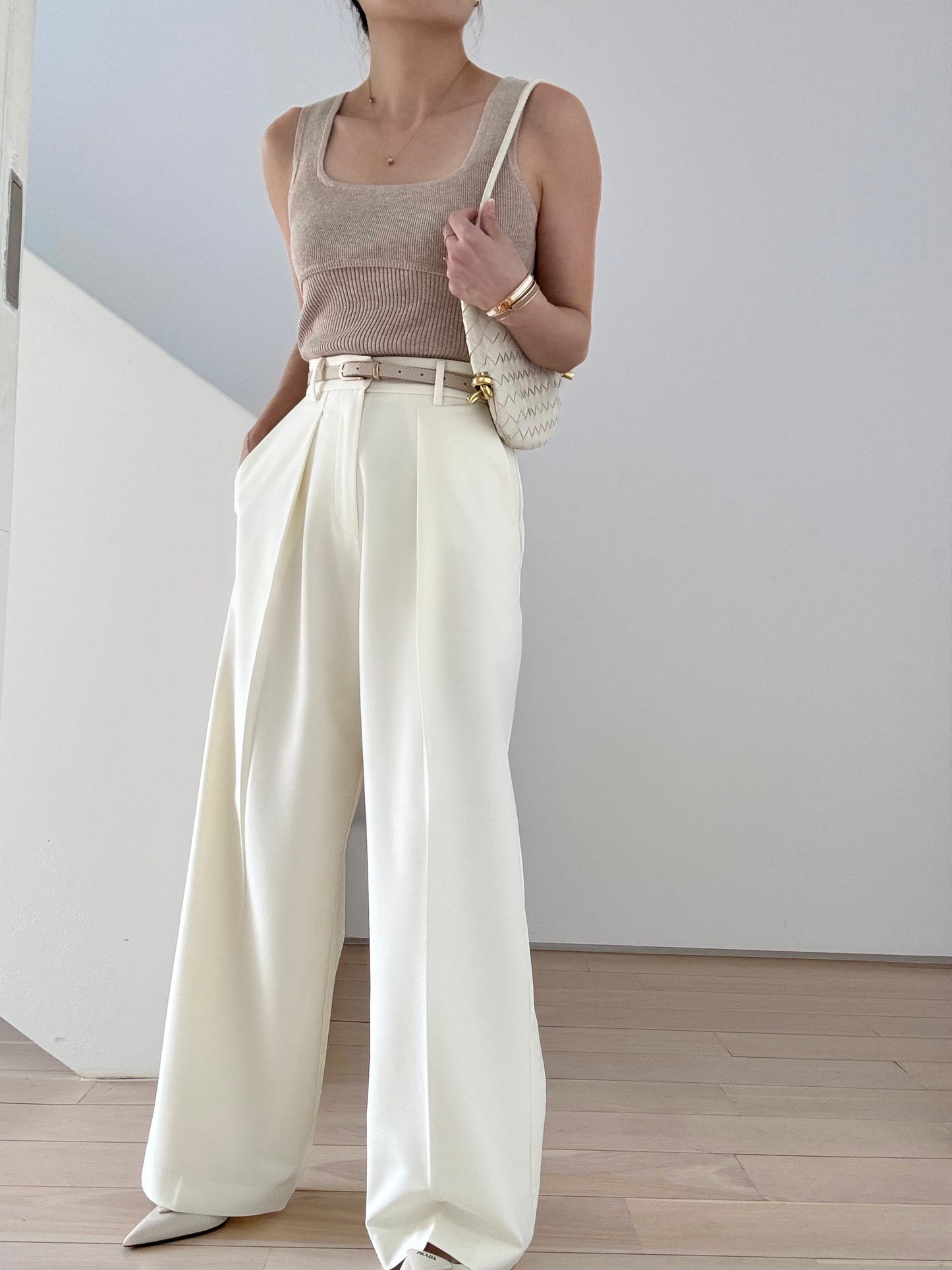 Cotton cashmere square neck knit- Truffle melange