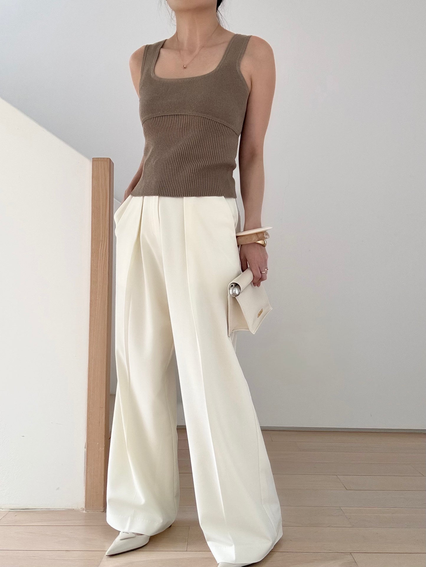 Cotton cashmere square neck knit- Forest