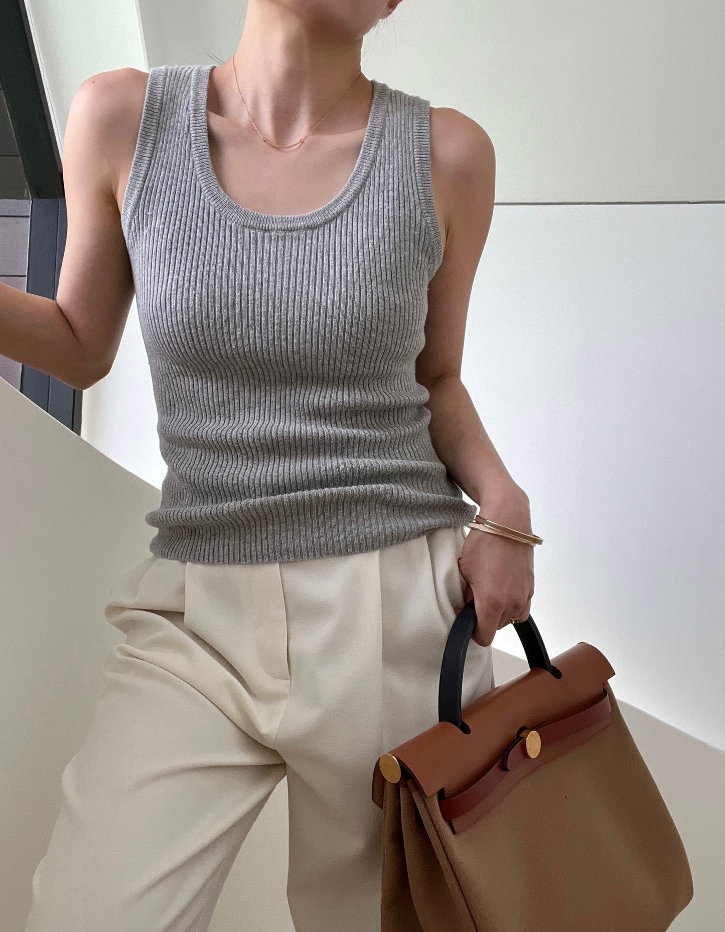 Out of Stock- 11 Cotton Cashmere Ribbed Tank - Stone