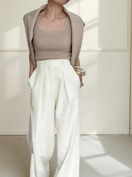 Cotton cashmere square neck knit- Truffle melange