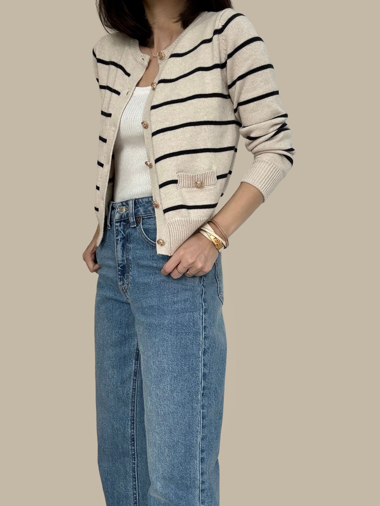 Sold Out- Cotton Cashmere Stripe Cardigan- Sand/Dark Navy