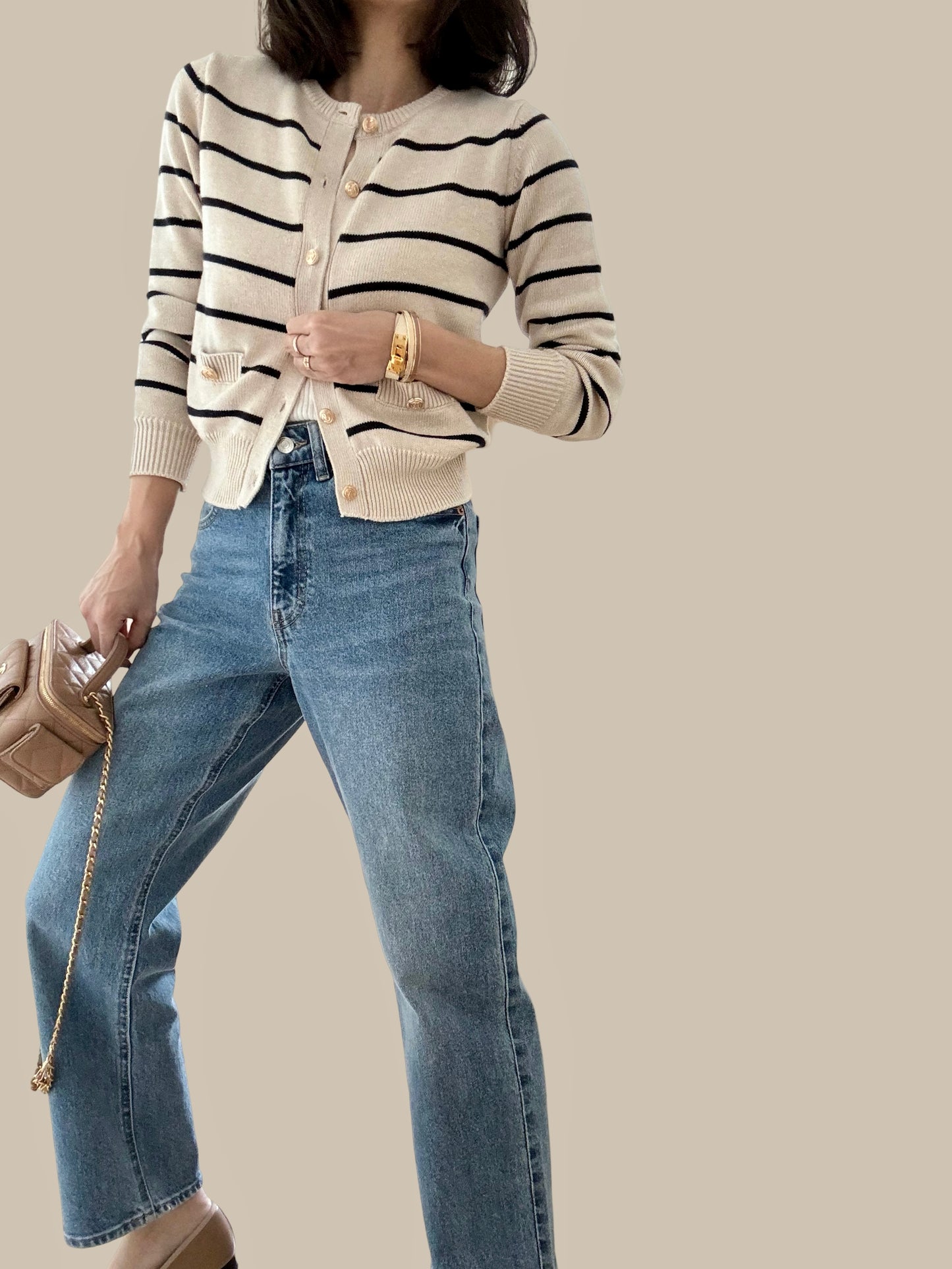 Sold Out- Cotton Cashmere Stripe Cardigan- Sand/Dark Navy