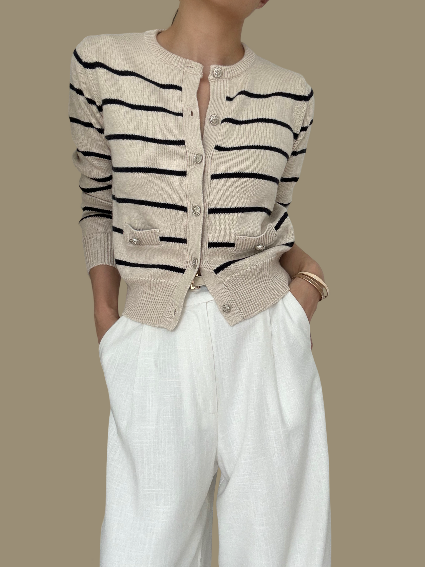 Sold Out- Cotton Cashmere Stripe Cardigan- Sand/Dark Navy