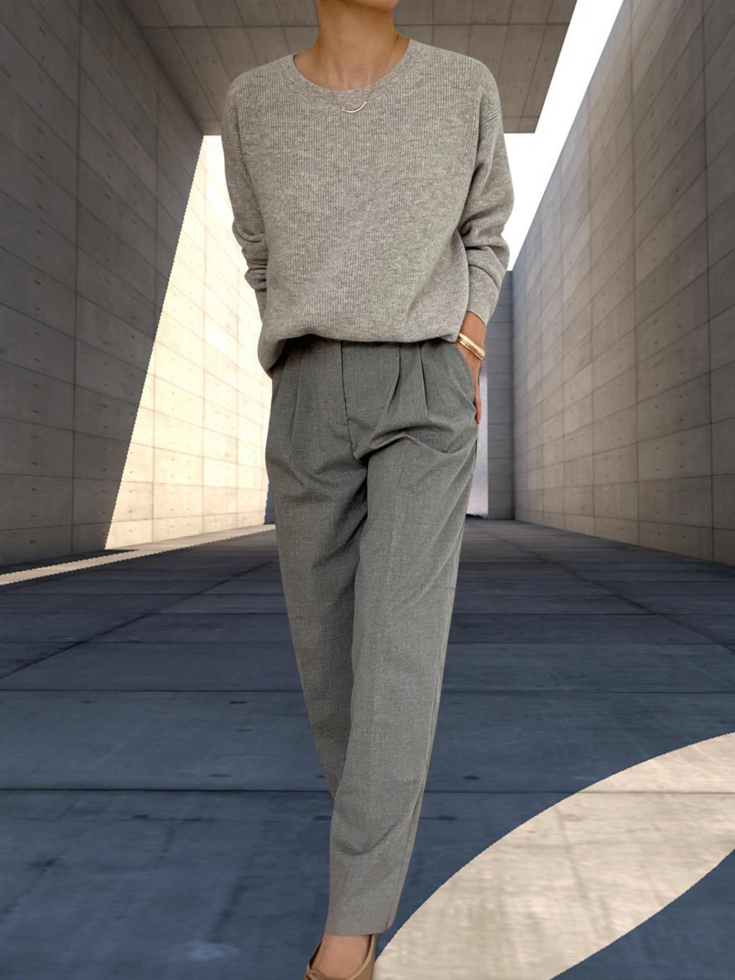 Out of stock-06 Finely Ribbed Cashmere Sweater - Cloud Grey